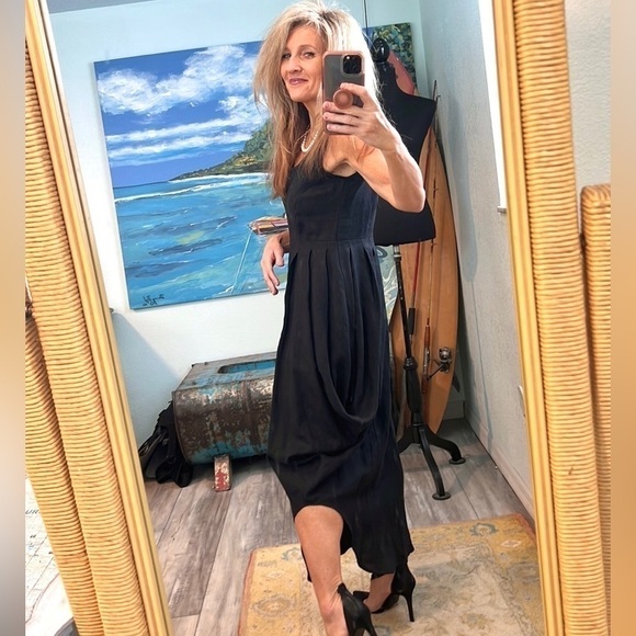 🖤Tiar Bellomo,Los Angeles,Soft Black,Lagenlook Linen Asymmetrical Dress,Size S - Picture 3 of 12